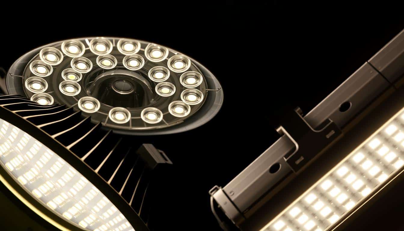 A close-up detailed comparison of UFO high bay lights vs Linear high bay lights