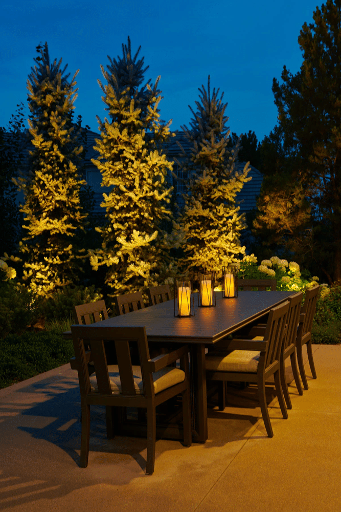 A luxurious outdoor dining setup at dusk
