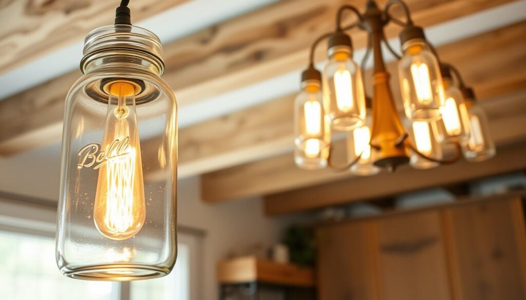 A DIY kitchen lighting fixture makeover with a rustic farmhouse aesthetic. In the foreground, a repurposed glass jar is transformed into a pendant light, its warm glow illuminating the workspace. In the middle ground, a collection of mason jars and antique brass hardware create a visually interesting cluster of eclectic lighting. The background features exposed wooden beams, natural textures, and a cozy, inviting atmosphere, setting the scene for a budget-friendly yet stylish kitchen upgrade. Captured with a soft, diffused lighting and a shallow depth of field to emphasize the handcrafted details.