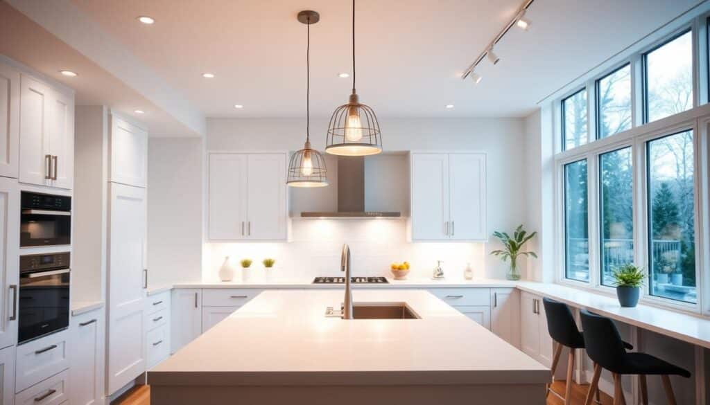 A bright and airy kitchen, flooded with natural light from large windows. Pendant lights with a modern, minimalist design hang above a sleek, white kitchen island, casting a warm, ambient glow. Recessed lighting along the perimeter illuminates the countertops and backsplash, highlighting the clean, contemporary aesthetic. Soft, dimmable track lighting accents the upper cabinets, creating a cozy atmosphere. The overall lighting scheme balances function and style, providing ample illumination for food preparation and dining while maintaining a inviting, sophisticated ambiance.