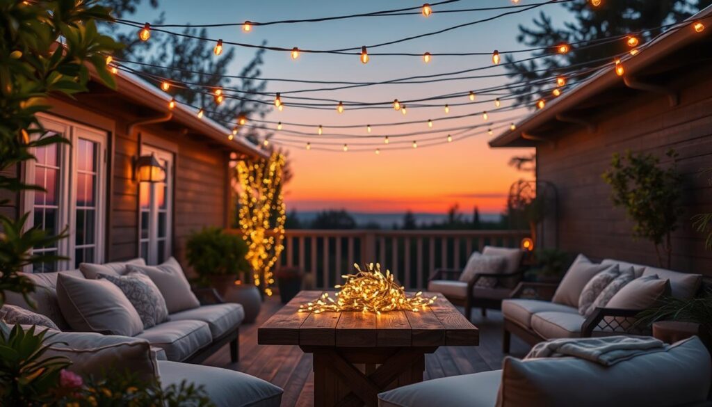 A cozy backyard scene with warm Murcu string lights crisscrossing overhead, casting a soft, inviting glow. In the foreground, a wooden deck or patio with plush cushions and pillows, framed by lush greenery and potted plants. The middle ground features a rustic wood table with a centerpiece of twinkling fairy lights, surrounded by comfortable outdoor furniture. In the background, a subtle, hazy sunset paints the sky in rich hues of orange and pink. The overall atmosphere is one of relaxation, ambiance, and outdoor living.