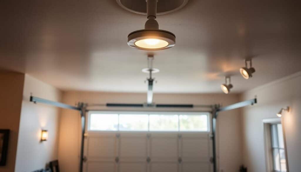 A cozy single-car garage with warm, inviting lighting. In the foreground, a modern, recessed ceiling light casts a soft, ambient glow over the space, illuminating the clean, minimalist design of the garage. In the middle ground, two wall sconces flank the garage door, providing additional task lighting and a subtle, decorative touch. The background features a combination of natural light filtering in through a window and strategically placed track lighting, creating a well-lit, balanced environment perfect for a variety of garage activities. The overall mood is one of functionality and comfort, making this an ideal setup for a small, personal garage space.