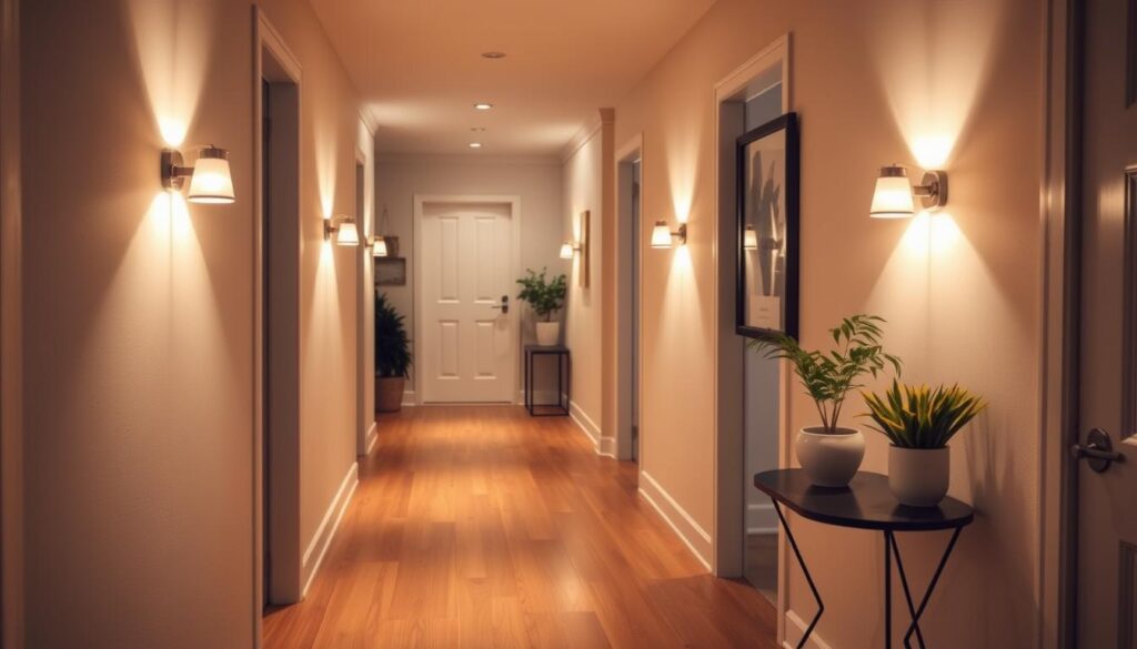 A cozy, well-lit hallway with warm, budget-friendly lighting fixtures. Soft, diffuse illumination from a row of simple yet elegant wall-mounted lamps, casting a inviting glow along the walls and floors. Hardwood flooring in a rich, natural tone, complemented by clean, minimalist decor. Neutral color palette with touches of natural elements like potted plants or a small side table with a decorative vase. The overall atmosphere is one of understated sophistication and practicality, creating a welcoming and functional transitional space.