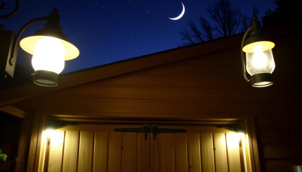 A cozy, well-lit outdoor garage scene with a warm, inviting atmosphere. In the foreground, a pair of vintage-style wall-mounted garage lamps cast a soft, ambient glow, their glass lenses diffusing the light. The middle ground features a sturdy, weathered wooden garage door, its hardware and hinges gleaming in the illumination. In the background, a starry night sky with a crescent moon creates a serene, tranquil ambiance, complementing the rustic charm of the garage. The lighting design balances function and aesthetics, creating a welcoming and atmospheric space.