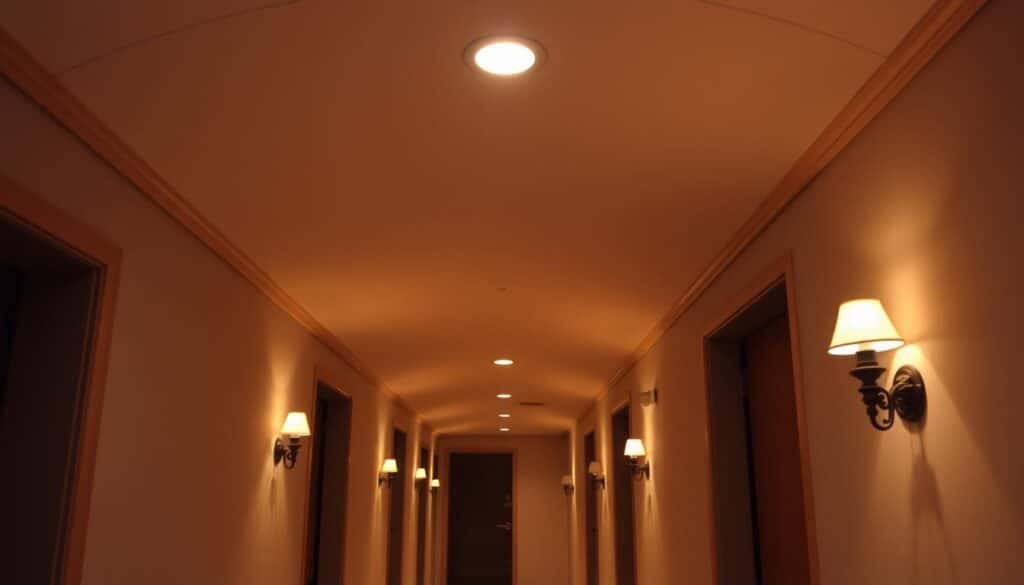 A dimly lit hallway with a low, sloping ceiling. Recessed lighting fixtures cast a warm, ambient glow, illuminating the narrow passage. The walls are painted a soft, neutral tone, complementing the mellow lighting. Decorative sconces flank the doorways, adding subtle accent lighting. The floor is covered in a plush, neutral-toned carpet, muffling footsteps. The overall atmosphere is cozy, inviting, and conducive to a relaxed, intimate ambiance, perfect for a hallway with limited vertical space.