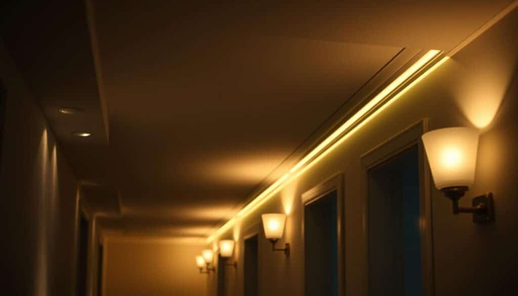 A dimly lit hallway with layers of soft, diffused lighting. The foreground features a row of recessed ceiling lights casting a warm, ambient glow along the floor. In the middle ground, wall sconces with frosted glass shades provide a soft, uniform illumination, casting gentle shadows on the walls. In the background, a subtle cove lighting system outlines the ceiling, creating a sense of depth and architectural interest. The lighting is balanced, neither too bright nor too dim, resulting in a cozy, inviting atmosphere perfect for guiding the way through the home.