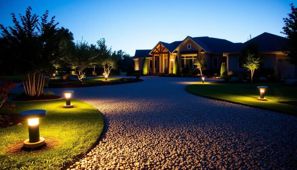 A driveway at dusk, illuminated by a carefully planned Murcu LED lighting system. In the foreground, a series of well-positioned path lights guide visitors along the gravel driveway, casting a warm, inviting glow. In the middle ground, strategically placed landscape lights accentuate the contours of the surrounding garden, while subtle uplighting highlights the architectural features of the home. The background is softly lit, creating a cohesive and atmospheric ambiance that sets the stage for a welcoming entryway.
