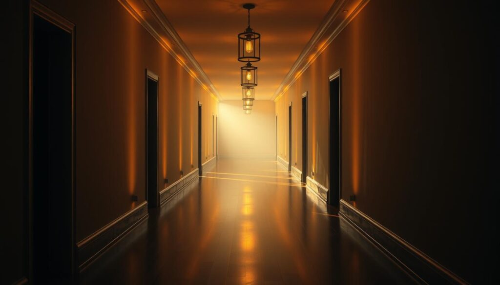 A long, dimly lit hallway with warm, ambient lighting cascading down the walls. The floor is a polished hardwood, reflecting the soft glow. Hanging pendant lights with vintage-inspired bulbs illuminate the space, casting a cozy, inviting atmosphere. The hallway stretches into the distance, vanishing into a slight haze, creating a sense of depth and intrigue. Shadows dance across the walls, adding depth and texture to the scene. The overall mood is one of tranquility and quiet sophistication, perfect for a luxurious home or hotel setting.