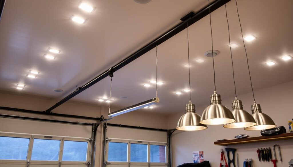 A modern and stylish garage illuminated by a sleek arrangement of recessed LED ceiling lights, casting a warm, even glow throughout the space. The garage doors are framed by chic, minimalist wall sconces that provide both task and ambient lighting. A row of pendant lamps, with their brushed metal finishes, hang elegantly above a central workbench, illuminating the tools and projects below. The overall lighting scheme creates a cohesive, high-end look that seamlessly integrates with the clean, contemporary design of the garage.