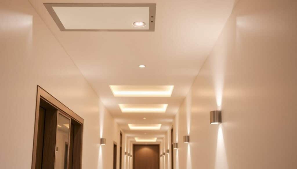 A modern hallway with sleek, intelligent lighting solutions. The scene features a clean, minimalist aesthetic with a mix of overhead recessed lighting and discreet wall-mounted fixtures that illuminate the space evenly. The lighting responds to motion and ambient light levels, automatically adjusting to create a warm, welcoming ambiance. Smooth, brushed aluminum finishes and frosted glass diffusers blend seamlessly into the architectural elements. The hallway recedes into the distance, drawing the eye forward with a sense of depth and sophistication. An elegant, tech-savvy space that enhances the functionality and aesthetic appeal of the home.