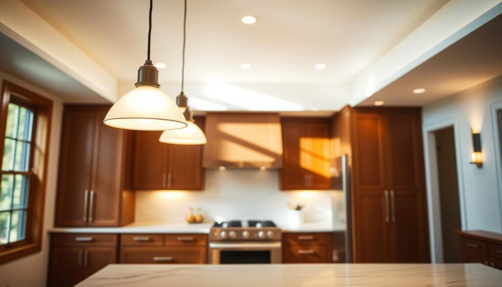A sun-drenched kitchen with a layered lighting scheme, creating a warm, inviting ambiance. In the foreground, a pair of sleek pendant lights hang over a pristine marble countertop, their soft glow illuminating the surface below. In the middle ground, recessed lighting is strategically placed to highlight the rich wood cabinetry and stainless steel appliances. Towards the back, a pair of wall sconces cast a gentle, diffused light, adding depth and dimension to the space. The overall lighting design creates a harmonious balance, accentuating the kitchen's architectural features and evoking a sense of comfort and elegance.