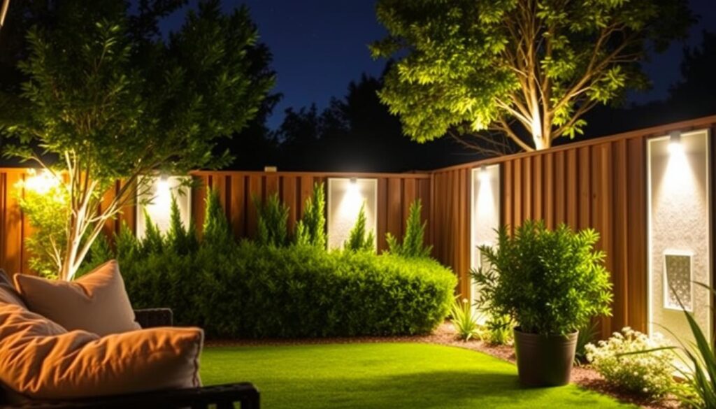 A tranquil backyard scene illuminated by Murcu's warm, inviting LED lighting. In the foreground, a cozy seating area with plush outdoor furniture is softly lit, creating a welcoming ambiance. The middle ground features lush greenery, including a neatly trimmed hedge and a flourishing potted plant, all bathed in a gentle glow. In the background, a wooden fence with integrated Murcu lighting panels casts a subtle radiance, guiding the eye towards the serene night sky. The overall atmosphere is one of relaxation and effortless elegance, perfectly capturing the importance of thoughtful backyard lighting.