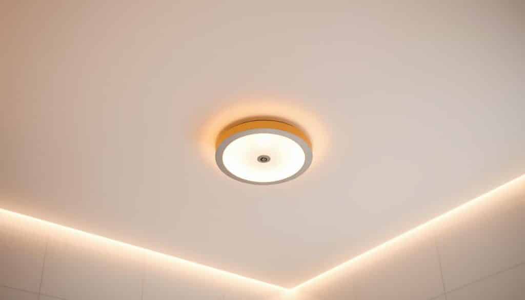 Bathroom ceiling with a modern, minimalist LED lighting fixture