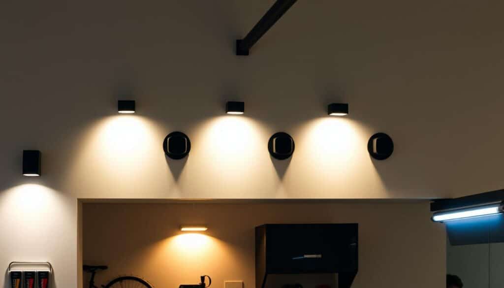 A well-lit, contemporary wall-mounted garage lighting setup featuring a sleek, minimalist design. The lighting fixtures are positioned strategically to provide ample illumination for the workspace, casting a warm, inviting glow across the garage's interior. The fixtures are mounted flush against the wall, with clean lines and a matte black finish that seamlessly blends with the surrounding decor. Soft shadows create depth and dimension, while the lighting casts a subtle, even radiance throughout the space. The overall aesthetic is functional yet visually appealing, perfectly suited for a modern garage setting.