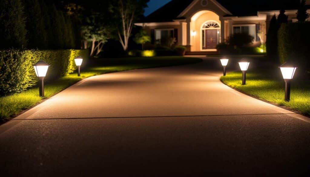 A well-lit driveway at night, illuminated by a series of Murcu LED lights evenly spaced along the path. The warm, ambient glow creates a inviting atmosphere, enhancing the home's curb appeal. In the foreground, the driveway surface is clearly visible, with a smooth, even texture. The middle ground features neatly trimmed hedges and a lush, manicured lawn, framing the driveway. In the background, the home's facade is softly lit, showcasing its architectural details. The lighting is designed to provide ample visibility and safety, while also creating a visually pleasing, cohesive outdoor space.