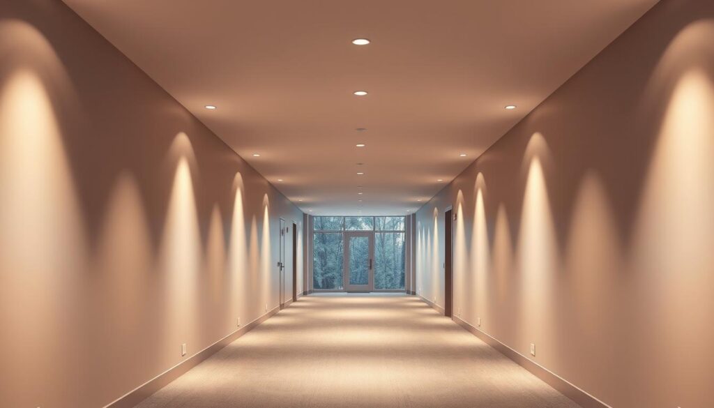 A well-lit, energy-efficient hallway with a sleek, modern design. Recessed LED lights gently illuminate the space, casting a warm, diffused glow across the smooth, minimalist walls. The floor is covered in a neutral-toned, low-profile carpet, softening footsteps. Minimalist, flush-mounted light fixtures line the ceiling, providing even illumination without drawing attention. Large, triple-paned windows at the end of the hallway allow natural daylight to flow in, complementing the artificial lighting. The overall atmosphere is calming, inviting, and environmentally conscious.