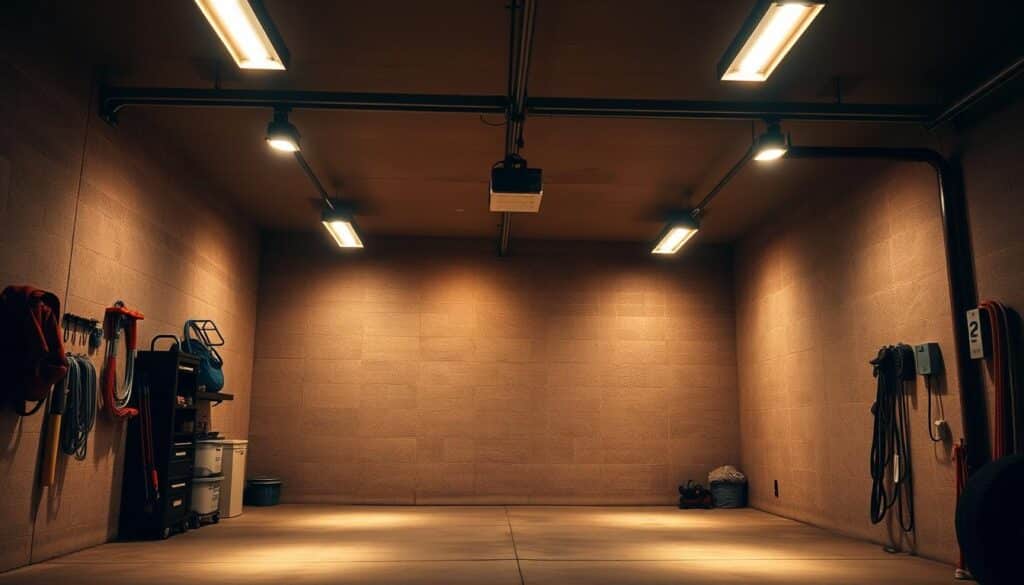 A well-lit garage with warm, cozy lighting, casting a soft glow throughout the space. The overhead fixtures emit a 3000K color temperature, creating a welcoming and inviting atmosphere. Shadows are gentle, with subtle highlights accentuating the textured walls and concrete floor. The lighting is carefully positioned to provide uniform illumination, eliminating dark corners and ensuring visibility for essential tasks. The scene conveys a sense of functionality and comfort, setting the stage for a practical, yet visually appealing garage environment.