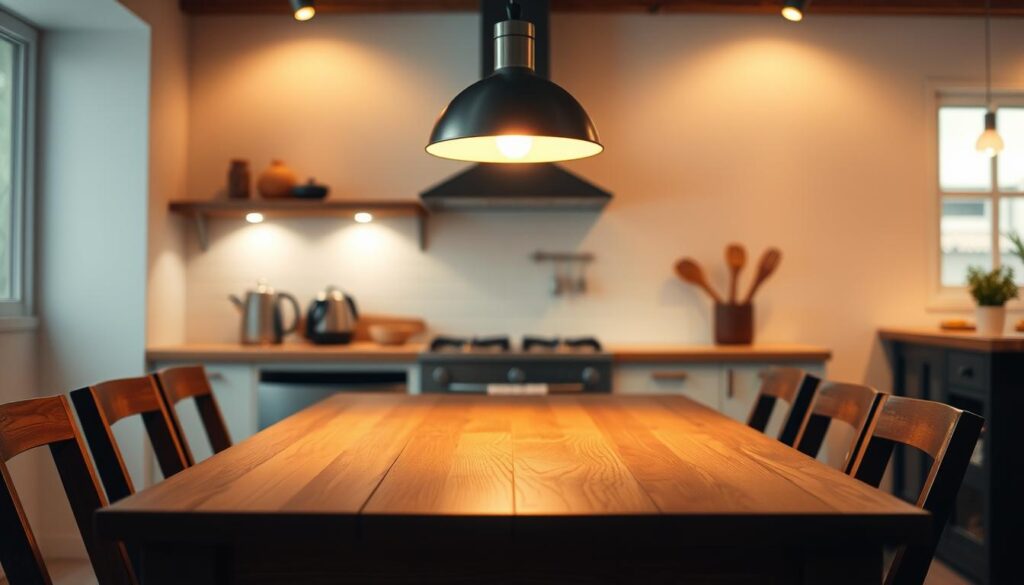 A well-lit kitchen table bathed in warm, inviting lighting. Soft, diffused illumination from a modern, minimalist pendant fixture suspended above, casting a gentle glow across the wooden tabletop. Subtle highlights accentuate the grain and texture, creating a cozy, intimate ambiance. The light source is positioned to evenly distribute luminosity, avoiding harsh shadows or hot spots. The overall scene exudes a sense of comfort and casual elegance, perfectly suited for a relaxed meal or casual gathering.