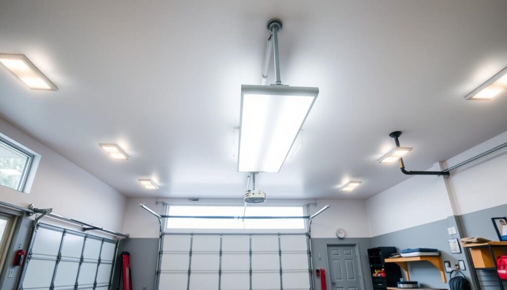 A well-lit, modern garage interior with a focus on energy-efficient LED lighting fixtures. The garage features a spacious layout with a high ceiling, allowing for strategically placed LED panel lights that provide even, bright illumination across the space. Sleek, recessed LED downlights line the perimeter, casting a warm glow that accentuates the clean, minimalist design. In the center, a prominent LED strip light fixture runs the length of the ceiling, highlighting the garage's open, airy feel. The lighting is supplemented by large windows that allow natural daylight to flood the space, creating a balanced, welcoming atmosphere perfect for a productive, organized workspace.