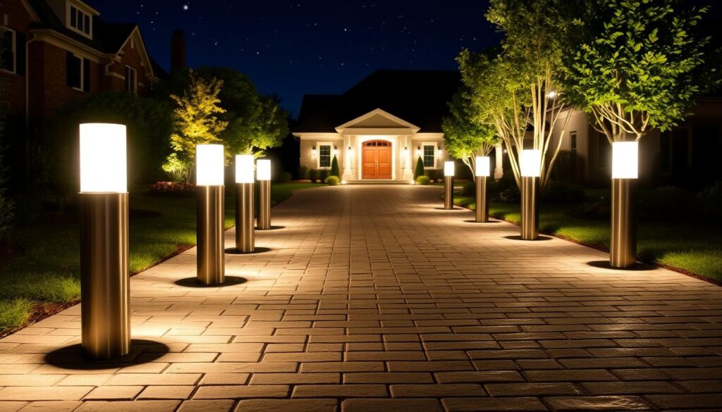 Bollard lights, sleek and modern, illuminating a serene driveway. Gently glowing Murcu LED bollards line the pathway, casting a warm, inviting aura. Smooth, cylindrical forms in brushed stainless steel, subtly reflecting the surrounding environment. Overhead, a clear night sky twinkles, contrasting with the soft, focused light pools below. The driveway's textured pavement, perhaps stone or brick, adds a tactile element to the scene. This carefully curated lighting solution creates a welcoming, atmospheric ambiance, guiding visitors along the driveway with elegance and functionality.