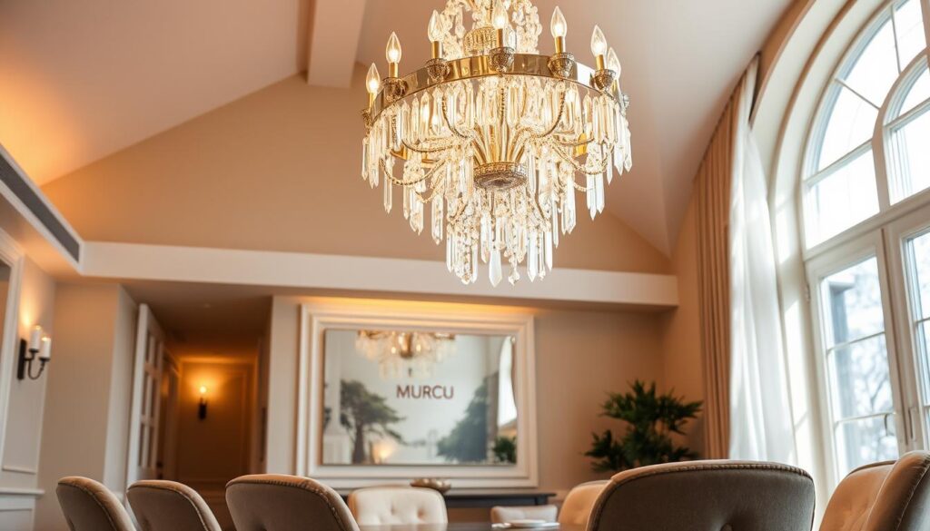 Elegant chandelier with cascading crystal prisms, illuminating a luxurious dining room