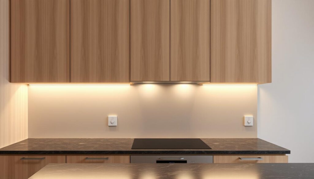 High quality photorealistic image of under-cabinet lighting in a modern kitchen. Sleek, minimalist LED strip lights installed underneath the kitchen cabinets, casting a warm, even glow across the countertop. The cabinets are a light wood tone, contrasting with the dark granite countertops. Subtle shadows and highlights create depth and dimension. The lighting is the focal point, illuminating the workspace while maintaining a clean, sophisticated aesthetic. The overall scene conveys a sense of functionality and elevated design.