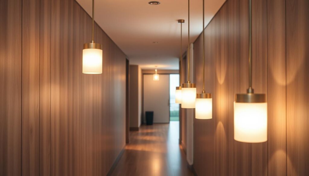 Pendant hallway lighting casting warm, ambient glow over a modern, minimalist hallway. Sleek, cylindrical pendants in brushed gold metal hang at varying heights, illuminating a neutral-toned, wood-paneled walls. Soft, diffused light filters through translucent, off-white shades, creating a cozy, inviting atmosphere. Hardwood floors stretch into the distance, leading the eye towards a distant, partially visible doorway. Subtle shadows and highlights accentuate the architectural details, lending a sense of depth and dimension to the scene.