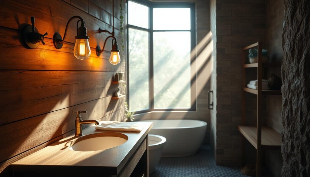 Rustic bathroom illuminated by vintage-inspired metal fixtures in an aged brass finish, casting a gentle ambient light
