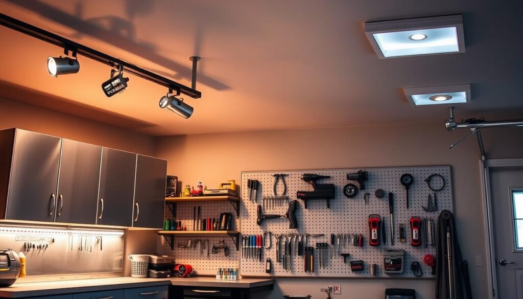 Specialty garage lighting illuminating a well-organized workspace. Warm, adjustable spotlights mounted on the ceiling, casting a soft glow across metallic tool cabinets and a workbench. Dimmable strip lights under shelves, highlighting precision tools and parts. Focused task lighting over a customized pegboard, casting shadows that accentuate the structured layout. Ambient lighting from recessed fixtures in the ceiling, creating an inviting ambiance for meticulous projects. The space exudes efficiency, functionality, and a passion for craftsmanship.