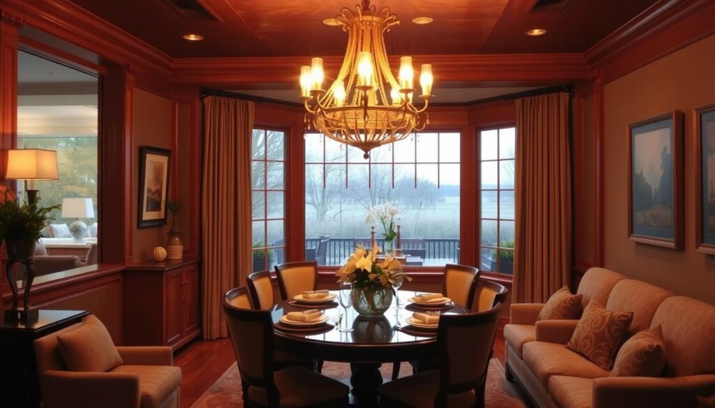 A large, ornate chandelier as the centerpiece, casting a soft, golden glow over the space