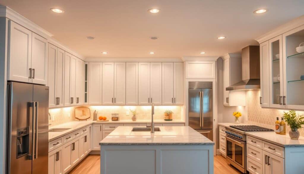 a clean, modern kitchen with warm, soft lighting that illuminates the space and creates a cozy, inviting atmosphere. the lighting fixtures are positioned strategically to provide even, diffuse illumination throughout the room, with a mix of overhead and task lighting. the color temperature of the lights is in the range of 2700-3000K, creating a warm, golden glow that enhances the natural textures and materials of the kitchen. the lighting is controlled by dimmers, allowing for adjustable brightness and ambiance. the kitchen features high-end, stainless steel appliances, sleek white cabinets, and a large central island with a quartz countertop. the overall effect is one of sophisticated elegance and comfort.