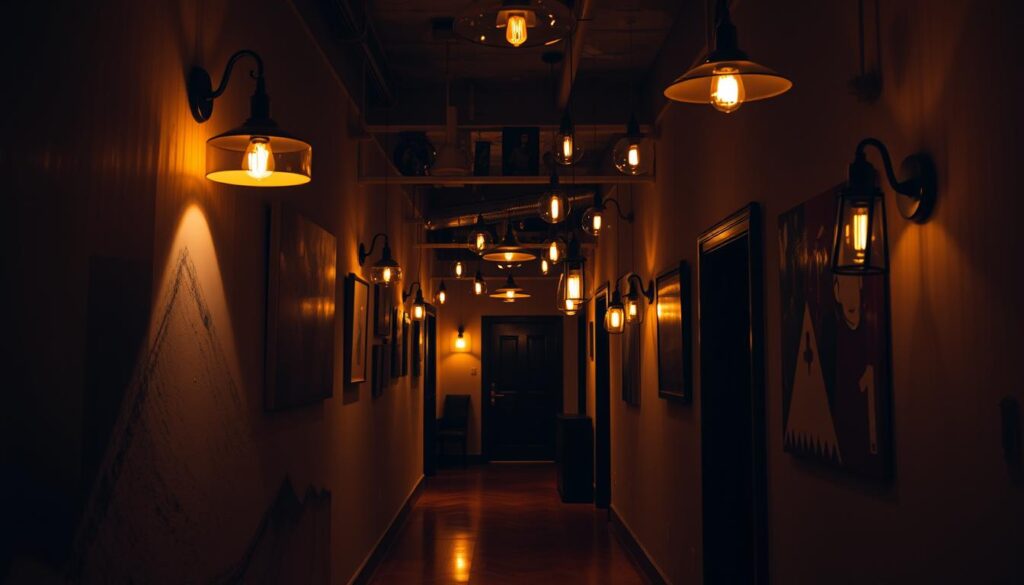 a dimly lit creative hallway with various light fixtures hanging from the ceiling, casting warm, ambient light throughout the space. the walls are adorned with abstract art pieces and textured surfaces, creating a visually interesting and dynamic atmosphere. the floor is a polished hardwood, reflecting the light in a warm, inviting way. the hallway leads to a partially visible doorway at the end, suggesting a sense of depth and mystery. the lighting includes a combination of pendant lamps, sconces, and recessed lighting, creating a layered and visually compelling lighting design. the overall mood is one of artistic sophistication and cozy, inviting ambiance.