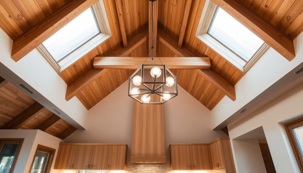 a large, well-lit kitchen with a high, sloped ceiling and a modern, minimalist lighting fixture hanging from the center. The fixture is a sleek, geometric design with multiple light sources that cast a warm, ambient glow throughout the space. The ceiling is made of exposed wooden beams, adding a rustic, earthy touch to the overall aesthetic. The kitchen countertops are a light, natural stone, complementing the wooden tones. The walls are a soft, neutral color, creating a calming, inviting atmosphere. The lighting is the focal point, drawing the eye upwards and highlighting the architectural features of the room.