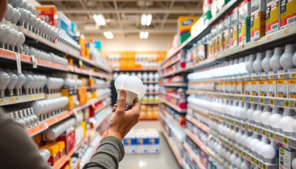 A bright and well-lit hardware store aisle, showcasing a diverse selection of light bulbs neatly arranged on shelves. In the foreground, a customer is carefully examining a few bulb options, holding them up to the light and considering their color temperature and CRI ratings. The middle ground features rows of bulb packaging, each displaying their technical specifications. The background is softly lit, emphasizing the warm glow emanating from the bulbs. The overall scene conveys a sense of thoughtful consideration and informed decision-making when it comes to selecting the right light bulbs for a particular application.