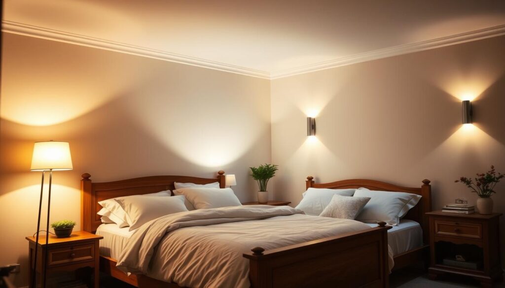 A cozy and inviting bedroom with soft, warm lighting that creates a serene and relaxing atmosphere. The room features a beautiful wooden bed frame with luxurious bedding, accompanied by a nightstand with a modern table lamp. The lighting is a mix of ambient overhead lighting, a floor lamp in the corner, and strategically placed wall sconces that cast a gentle glow. The room has a neutral color palette with touches of natural wood and greenery, creating a harmonious and calming environment. The lighting is carefully curated to provide both functional illumination and a comforting, intimate ambiance.