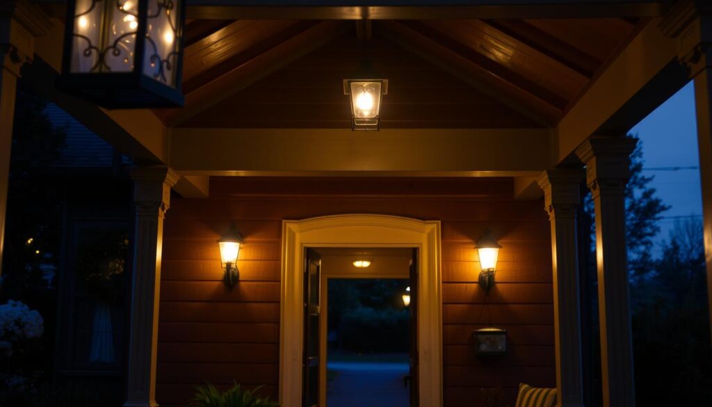 A cozy and inviting porch, illuminated by warm, glowing light fixtures. The front entrance is framed by a classic wooden structure, with ornate columns and a charming overhead canopy. In the foreground, a pair of hanging lanterns cast a soft, ambient glow, while in the middle ground, a pair of wall-mounted sconces flanking the doorway provide a gentle, even illumination. The background is shrouded in a subtle, twilight-like atmosphere, with a hint of foliage and a distant, welcoming pathway leading the way. The overall scene exudes a sense of comfort, security, and a welcoming ambiance, perfect for setting the tone of a charming outdoor entryway.