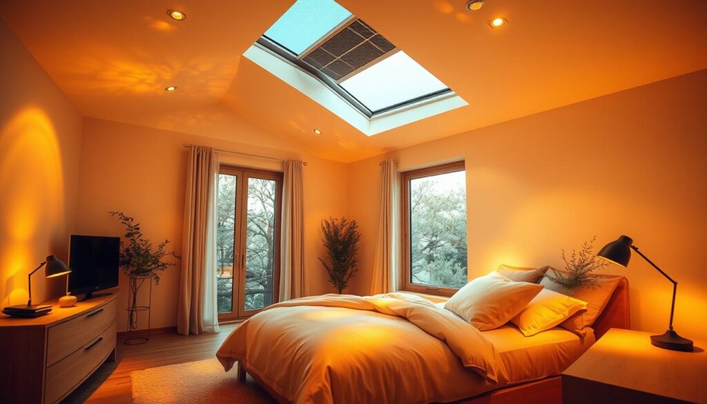A cozy bedroom bathed in warm, diffused solar-powered lighting. The room is filled with a soft, amber glow emanating from discreet ceiling fixtures and lamps. Delicate patterns of light and shadow play across the walls, creating a tranquil, soothing atmosphere. A large window allows natural daylight to filter in, complementing the ambient lighting. Minimalist furniture and natural wood tones lend an eco-friendly, sustainable feel. The overall mood is one of calm, energy-efficient illumination that promotes relaxation and rest.