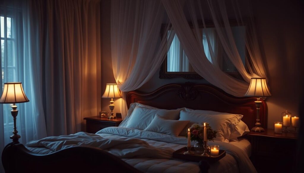 A cozy, dimly lit bedroom with soft, warm lighting casting a romantic glow. Bedside lamps with delicate fabric shades emit a gentle radiance, creating a serene ambiance. Candles flicker on a dresser, their flames reflecting in a large, ornate mirror on the wall. Sheer curtains billow around an elegantly carved wooden bed frame, creating a sense of intimacy. The plush, neutral-toned bedding and sumptuous textures invite relaxation and comfort. Subtle details like a vase of fresh flowers and a tray of tea-making essentials complete the tranquil, inviting scene.
