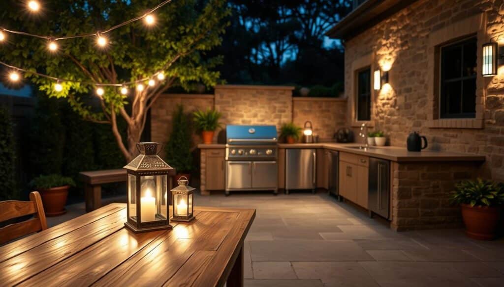 A cozy outdoor kitchen, illuminated by a warm and inviting glow. Soft string lights draped overhead cast a gentle ambiance, while recessed spotlights highlight the sleek countertops and stainless steel appliances. In the foreground, a group of lanterns flicker atop a rustic wooden table, casting a reflection on the smooth stone pavers below. The middle ground features a well-equipped grill station, surrounded by lush greenery and potted plants. In the background, a stone or brick exterior creates a charming, Old World atmosphere, with additional lighting fixtures mounted on the walls to provide a balanced, uniform illumination across the entire space.