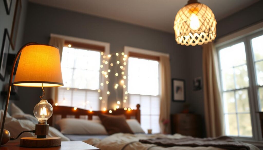 A cozy, well-lit bedroom with several DIY lighting projects displayed. In the foreground, a handcrafted bedside lamp with a wooden base and a warm, diffused bulb casts a soft glow. In the middle ground, a cluster of string lights draped across the headboard, creating a whimsical, starry effect. In the background, a large, floor-to-ceiling window allows natural daylight to filter in, illuminating a DIY pendant lamp made from repurposed materials. The overall atmosphere is inviting, intimate, and showcases the creativity and personality of the room's occupant.