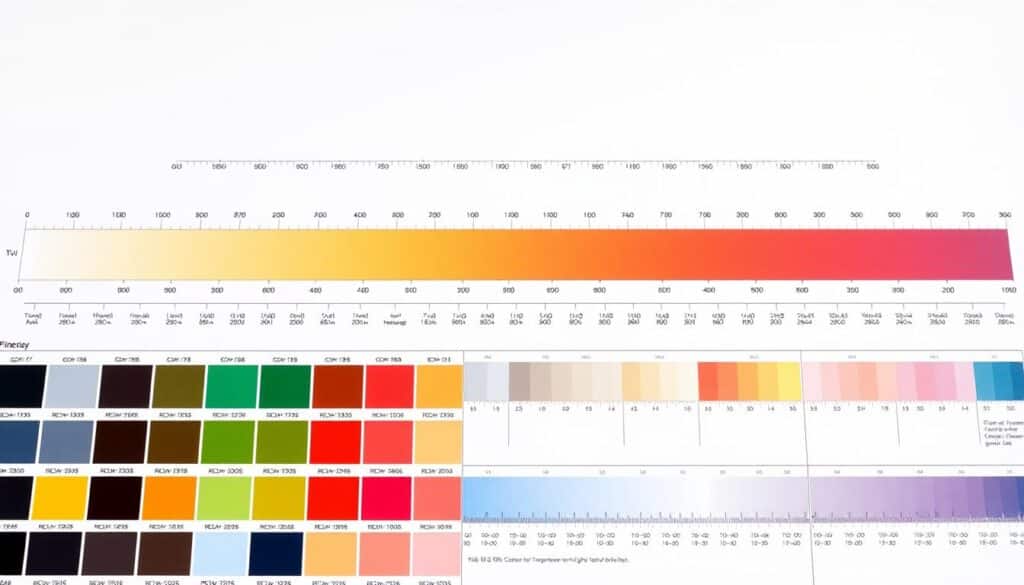 A detailed, technical illustration of color temperature charts, showcasing various scales and gradients. The foreground features a collection of color swatches arranged in a grid, each swatch representing a different color temperature, from the warm glow of incandescent light to the cool hues of daylight. The middle ground depicts a series of color temperature scales, precisely calibrated and labeled, allowing viewers to decipher the nuances of color temperature. In the background, a soft, muted gradient provides a subtle, yet sophisticated backdrop, reinforcing the scientific and analytical nature of the subject matter. The lighting is clean, evenly distributed, and highlights the clarity and precision of the charts, creating a sense of authority and professionalism.