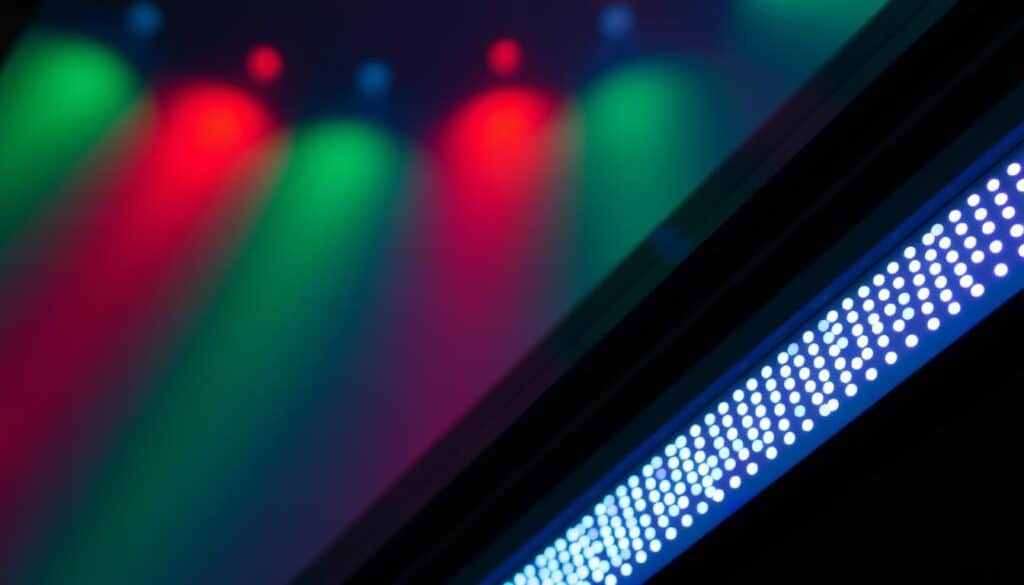 A dimly lit, industrial-style studio setting with a high-contrast comparison of CRI 80 and CRI 90+ lighting conditions. In the foreground, two identical objects are illuminated side-by-side, showcasing the subtle yet distinct differences in color rendering. The CRI 80 light casts a slightly muted, yellowish tone, while the CRI 90+ light delivers vibrant, accurate colors. In the middle ground, technical diagrams and schematics provide contextual information about color temperature and CRI. The background features a blurred cityscape, alluding to the real-world applications of this technology. Crisp, high-quality rendering with a focus on realistic lighting and materials.