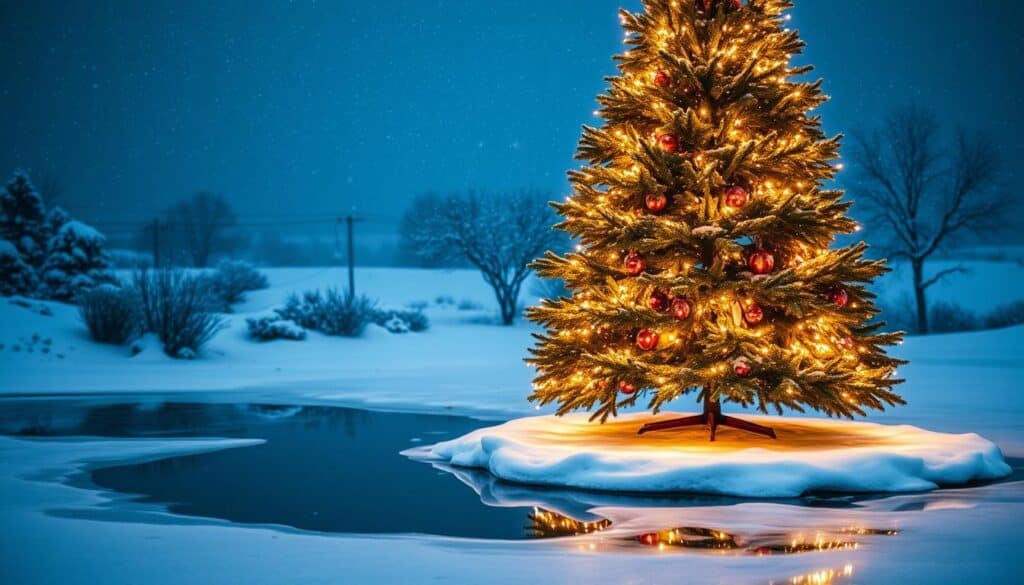 A festive Christmas tree stands tall, its branches adorned with twinkling lights that cast a warm, cozy glow. The tree is the focal point, situated in a picturesque outdoor setting with a snow-covered landscape in the background. Gentle snowfall adds to the enchanting atmosphere, while the lighting creates a mesmerizing, magical ambiance. The tree's reflection is visible in a nearby frozen pond, creating a serene, mirror-like effect. The overall scene evokes a sense of wonder and holiday cheer, perfectly capturing the essence of "Holiday and Seasonal Outdoor Lighting".