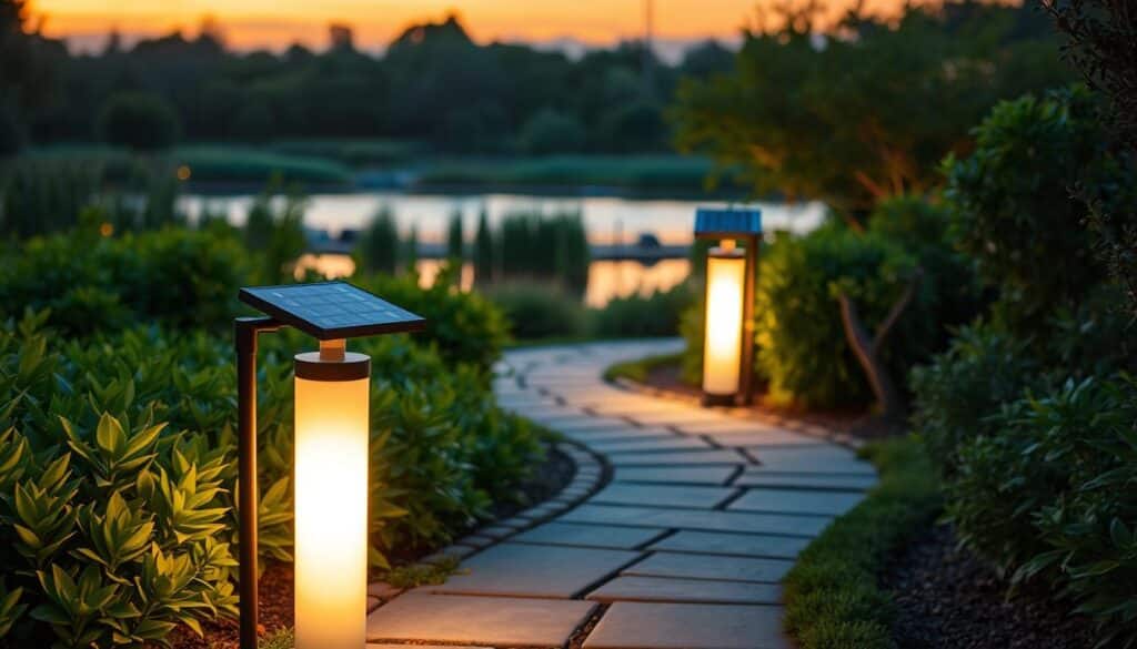 A serene solar-powered landscape at dusk, with a row of sleek, modern outdoor lights lining a winding garden path. The lights emit a warm, inviting glow, casting a soft light on the lush, verdant foliage surrounding them. In the background, a tranquil pond reflects the twilight sky, its surface rippling gently. The scene is bathed in a golden, golden-hour hue, creating a peaceful, energy-efficient ambiance. The lights are positioned at an angle to capture the maximum sunlight during the day, powering their LED bulbs through the night. The overall composition conveys a sense of harmony between nature and sustainable technology.