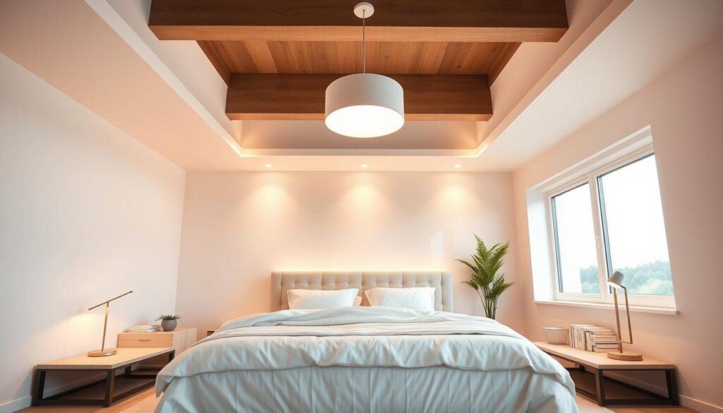 A spacious and airy modern bedroom, with a stylish and minimalist design. The room is flooded with warm, ambient lighting from a central pendant lamp, complemented by strategically placed recessed lighting that casts a soft, even glow across the room. The bedside tables feature sleek, modern lamps that provide task lighting for reading or relaxing. The large windows allow natural light to pour in, creating a bright and inviting atmosphere. The overall mood is serene, calming, and conducive to rest and relaxation.