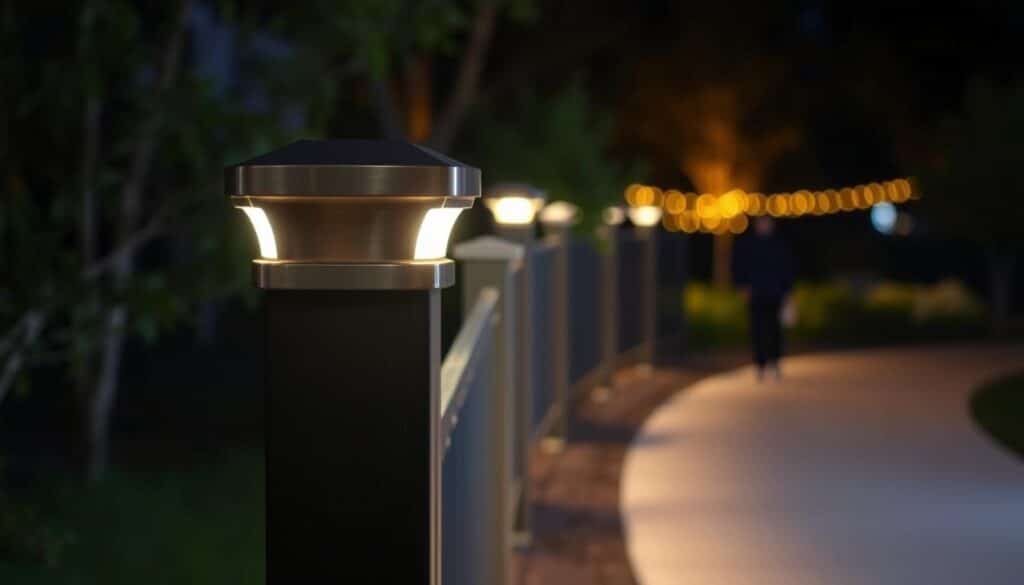 An outdoor nighttime scene with a well-lit fence post cap glowing softly, casting a warm, inviting ambiance. The cap is made of a sturdy, weather-resistant material, perhaps brushed metal or high-quality plastic, with an integrated LED light source that illuminates the top and sides. The lighting is subtle, creating a gentle, guiding beacon along the fence line. The background is slightly blurred, focusing attention on the fence post cap and the welcoming pathway it highlights. The overall mood is one of safety, security, and a serene, cozy atmosphere perfect for a nighttime stroll.