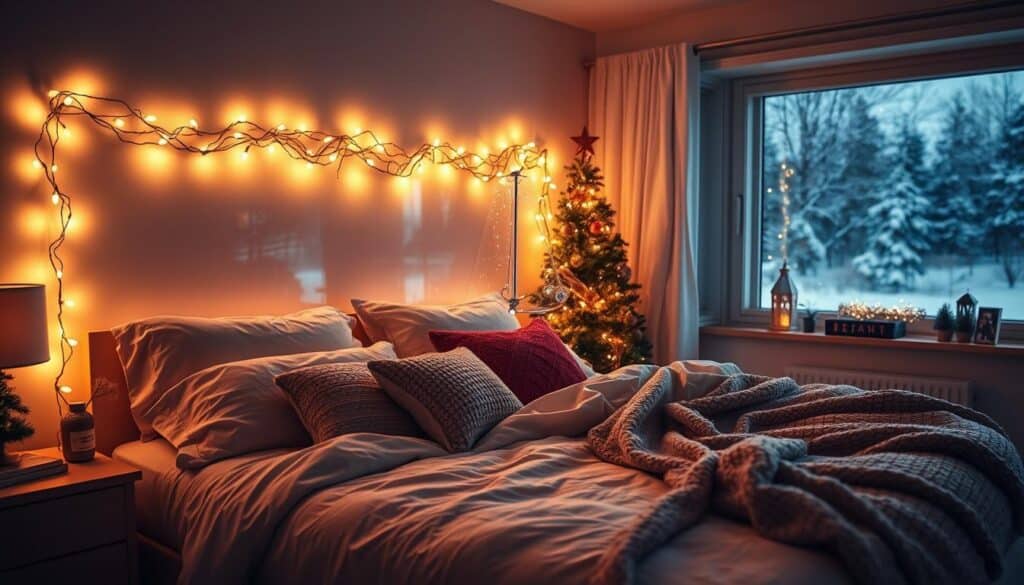 Cozy Christmas bedroom illuminated by a warm glow of twinkling string lights cascading across the headboard and along the windowsill. The soft, ambient lighting creates a festive, intimate atmosphere, complemented by plush bedding and textured throws. Subtle, sparkling accents throughout the room add to the seasonal charm. A large window provides a picturesque view of a snowy winter landscape outside, blending the indoor and outdoor scenes. Shot with a wide-angle lens to capture the full scene, utilizing natural lighting and soft focus to achieve a dreamy, holiday-inspired aesthetic.