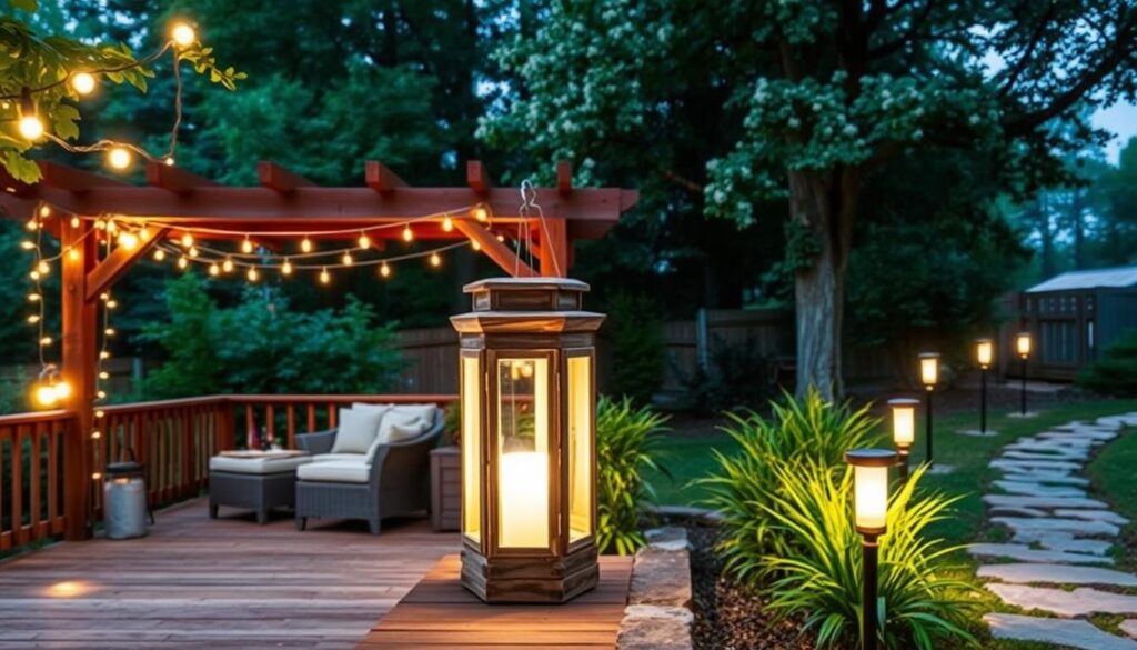 DIY outdoor lighting projects - A backyard oasis with a variety of handcrafted lighting fixtures, illuminating a rustic wooden deck surrounded by lush greenery. In the foreground, a cluster of string lights draped across a pergola, casting a warm, ambient glow. In the middle ground, a large DIY lantern crafted from reclaimed wood and glass, softly lighting up a seating area. In the background, a line of solar-powered pathway markers lining a stone walkway, guiding visitors through the tranquil outdoor space. The overall mood is cozy, inviting, and showcases the charm of personalized, homemade lighting solutions for an outdoor living space.