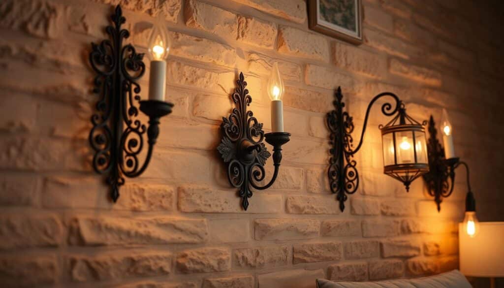 Decorative wall sconces with intricate metalwork, featuring ornate designs and a warm, ambient lighting setup. The sconces are mounted on a textured stone or brick wall, casting a soft, golden glow that creates a cozy, inviting atmosphere. The lighting fixtures are positioned at various heights and angles, adding depth and visual interest to the scene. The overall mood is one of refined elegance and subtle sophistication, perfectly complementing the serene and relaxing ambiance of a bedroom setting.