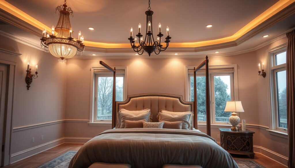 Elegant master bedroom with luxurious lighting. Warm, glowing chandeliers hang from a high ceiling, casting a soft, ambient light throughout the room. Sleek wall sconces flank a grand, four-poster bed draped in plush, neutral-toned bedding. Subtle recessed lighting illuminates the perimeter, creating a cozy, inviting atmosphere. A pair of large windows overlook a picturesque, tree-lined landscape, allowing natural light to pour in during the day. Ornate side tables with sophisticated table lamps bookend the bed, providing ample task lighting. Exquisite textures and materials, such as velvet and polished wood, add depth and richness to the space.